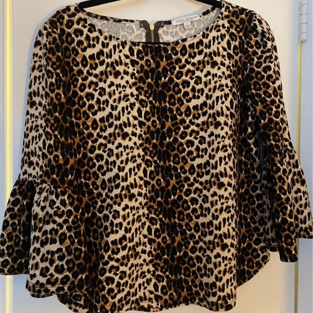 Green Envelope Leopard Print Bell Sleeve Blouse in Tan and Black
